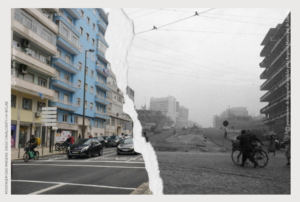 Cartaz com duas fotografias de uma vista parcial de uma rua em Lisboa, mostrando o antes e o depois.