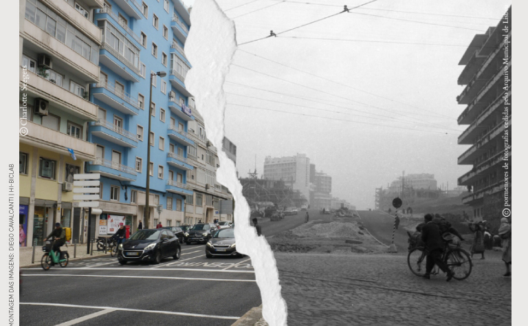 Cartaz com duas fotografias de uma vista parcial de uma rua em Lisboa, mostrando o antes e o depois.