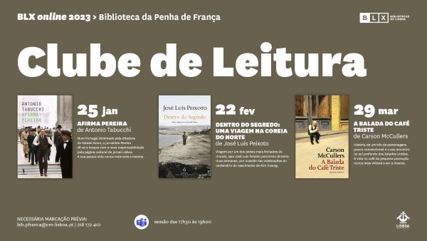 Imagem com 3 capas de livros, correspondentes ao Clube de Leitura online da Biblioteca da Penha de França, realizados nos meses de janeiro, fevereiro e março.