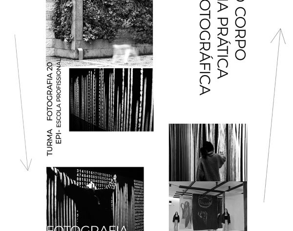 Cartaz com 4 fotografias a preto e branco da exposição.