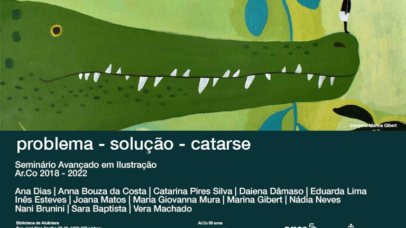 Ilustração a cores com um crocodilo, uma pessoa e plantas.
