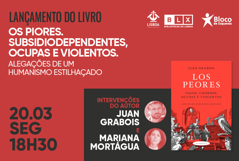 Imagem ilustrativa com capa do livro "Os Piores" e fotografias de rosto do autor, Juan Garbois, e da apresentadora, mariana Mortágua.
