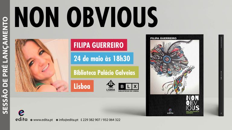 Pré-lançamento do livro "Non Obvious" de Filipa Guerreiro. Fotografia da autora e da capa do livro.