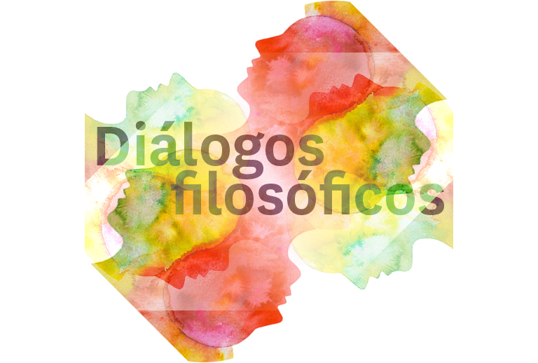 Imagem com ilustração aguarelada a cores com o título "Diálogos filosóficos".