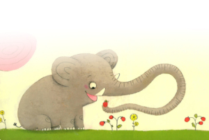 Um elefante sorridente a comer flores.