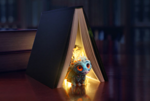 Imagem com um pequeno dragão azul debaixo de um livro aberto.