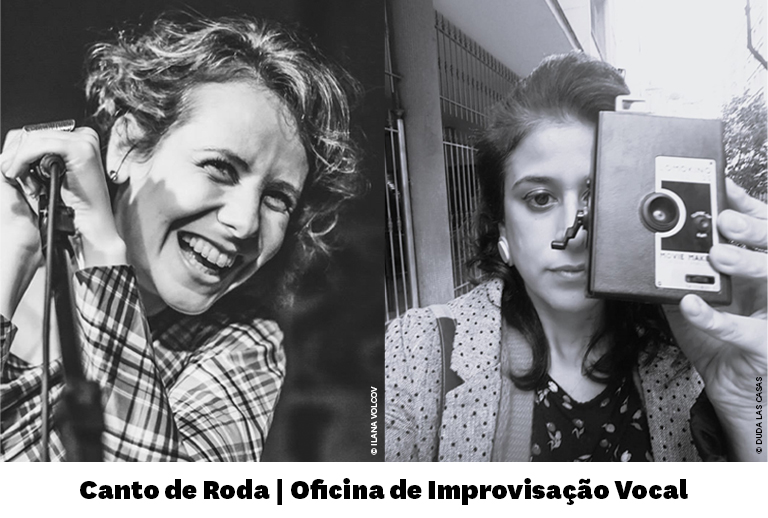 Fotografias a preto e branco de duas mulheres da autoria de Duda Las Casas e Ilana Volcov.