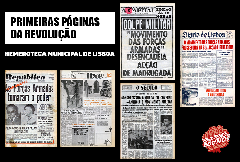 Composição de imagens das primeiras páginas dos jornais editados em 25 de Abril de 1974