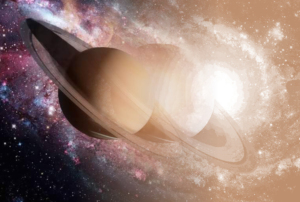 Imagem com uma fotografia do planeta Saturno.