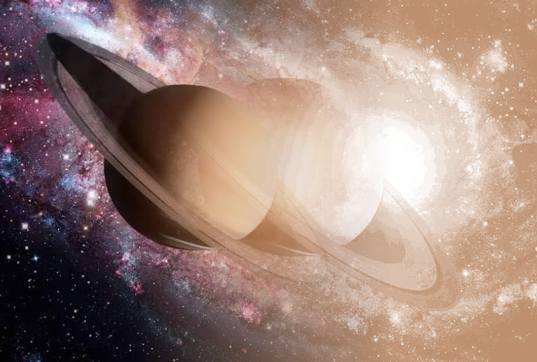 Imagem com uma fotografia do planeta Saturno.