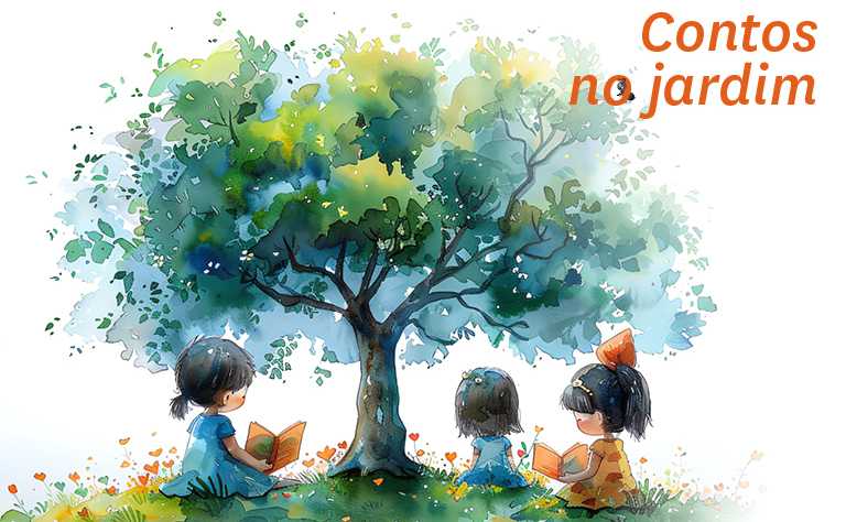 Imagem de uma ilustração a cores de três crianças a lerem livros debaixo de uma árvore.