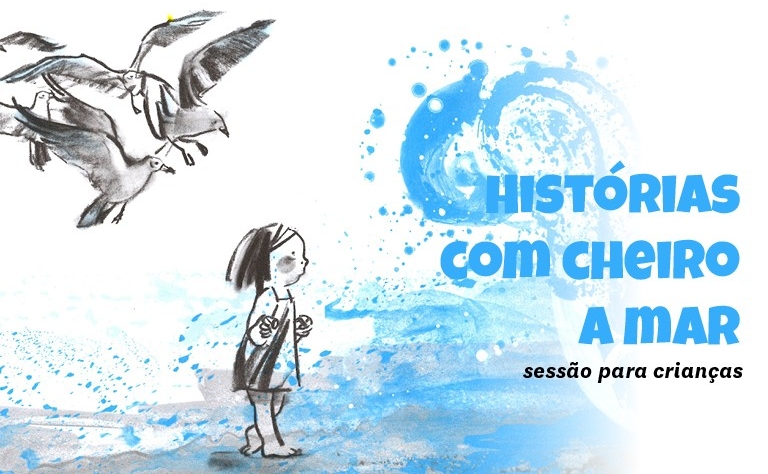 Imagem com ilustração com uma criança junto ao mar e gaivotas do livro 'Onda'.