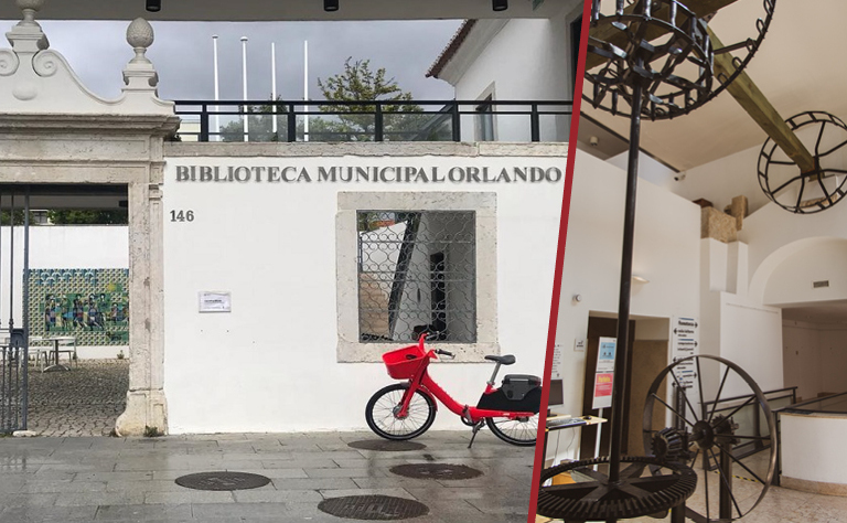 Imagem do interior e exterior da biblioteca.