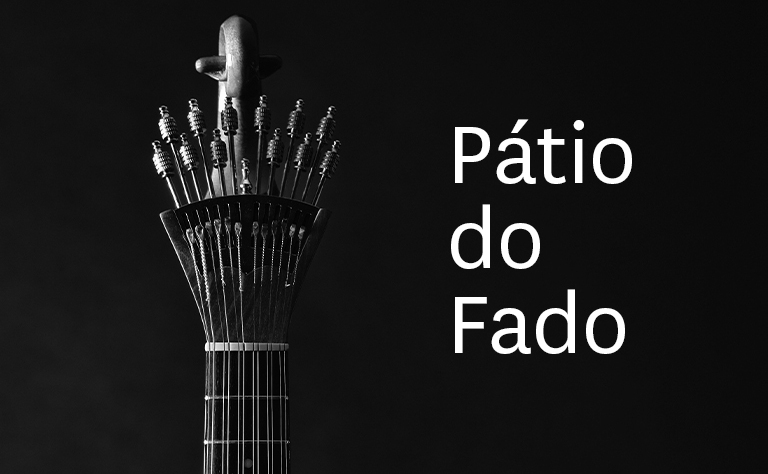 Imagem com uma fotografia a preto e branco do braço de uma guitarra portuguesa.