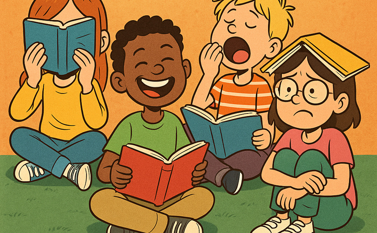 Imagem de uma ilustração infantil de 4 crianças, com diferentes comportamentos perante os livros.