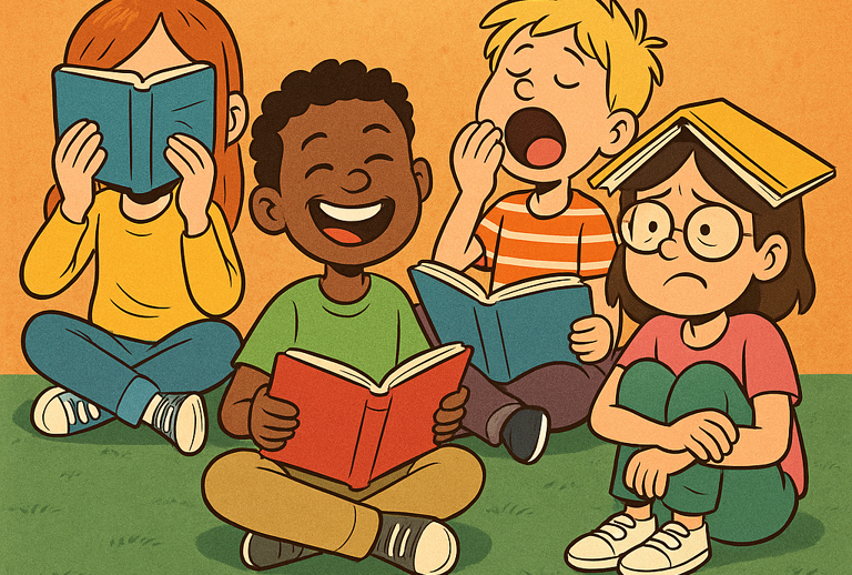 Imagem de uma ilustração infantil de 4 crianças, com diferentes comportamentos perante os livros.