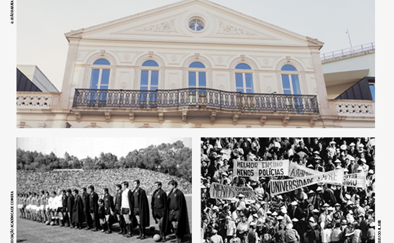 Imagem de uma fotografia da fachada da biblioteca e duas da final da taça de Portugal em 1969.