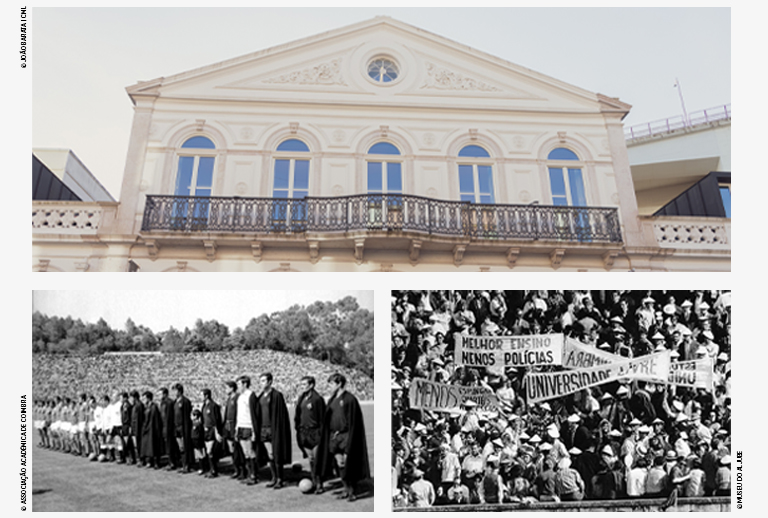 Imagem de uma fotografia da fachada da biblioteca e duas da final da taça de Portugal em 1969.