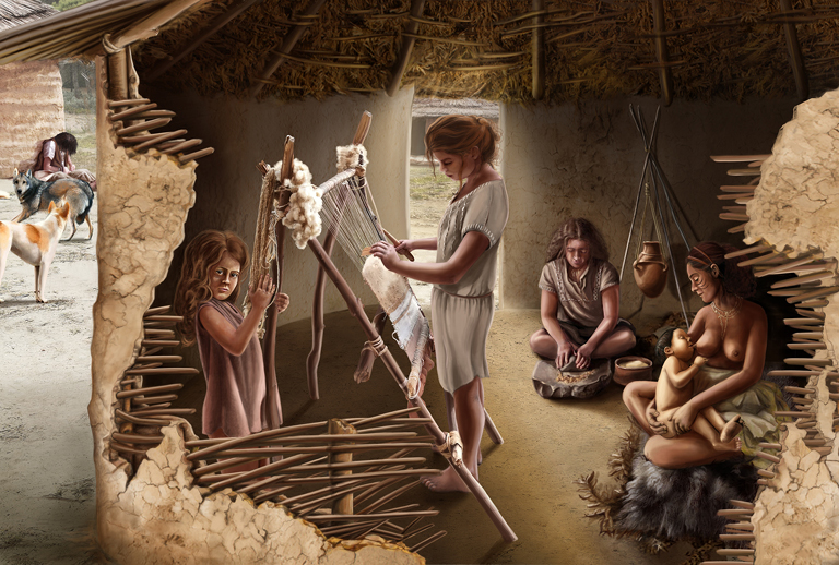 Imagem de uma ilustração sobre uma comunidade neolítica.