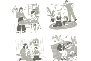 Imagem com 4 ilustrações de situações familiares.