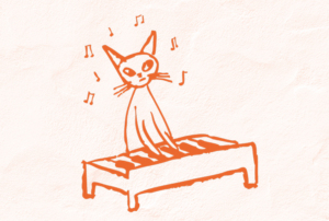 Imagem com uma ilustração de um gato a tocar piano.