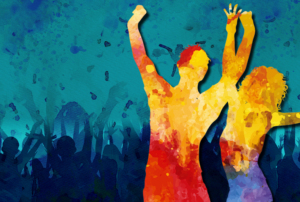 Imagem com silhueta de duas pessoas a dançar.