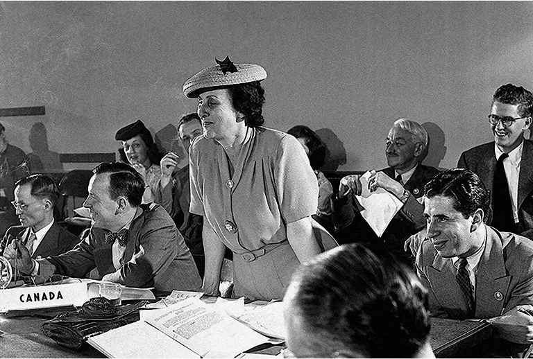 Imagem com a fotografia de Bertha Lutz na Conferência da ONU.