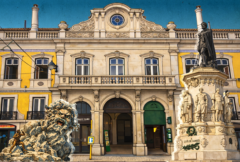 Imagem com uma das fachadas da biblioteca e dois monumentos.