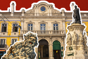 Imagem com uma das fachadas da biblioteca e dois monumentos.