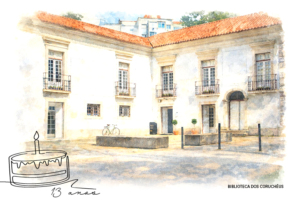 Imagem em estilo de aguarela do edifício da Biblioteca dos Coruchéus.