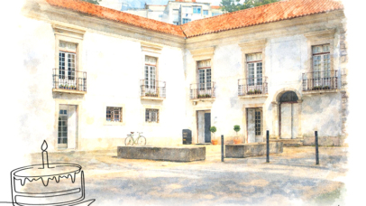 Imagem em estilo de aguarela do edifício da Biblioteca dos Coruchéus.