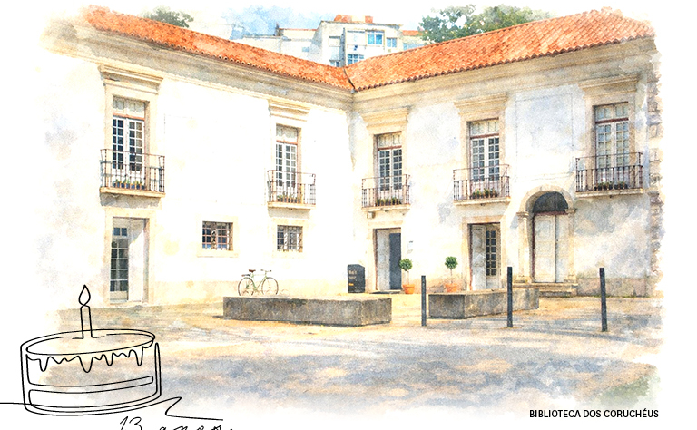 Imagem em estilo de aguarela do edifício da Biblioteca dos Coruchéus.