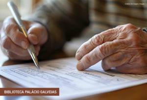 Imagem com as mães de uma pessoa sénior a preencher um documento.