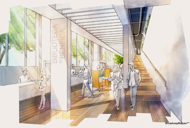 Imagem com ilustração do interior da Biblioteca de Benfica.