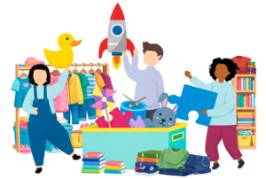 Imagem de uma ilustração com crianças e objetos infantis.