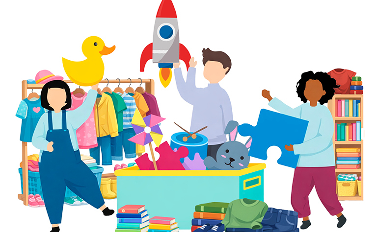 Imagem de uma ilustração com crianças e objetos infantis.