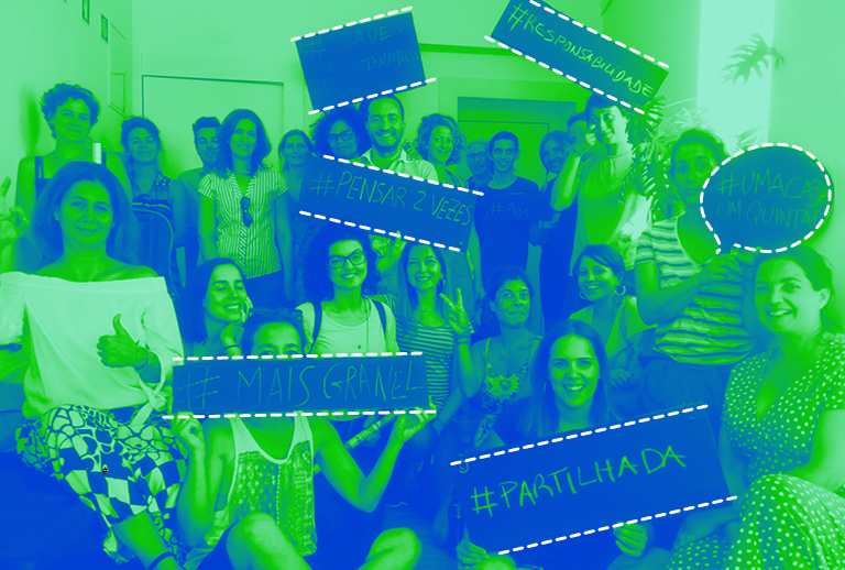 Imagem com um grupo de pessoas com hashtags sobre desperdício.