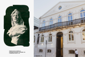 Imagem com a fachada principal da Biblioteca de Alcântara e o Busto da República.