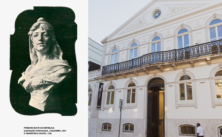 Imagem com a fachada principal da Biblioteca de Alcântara e o Busto da República.