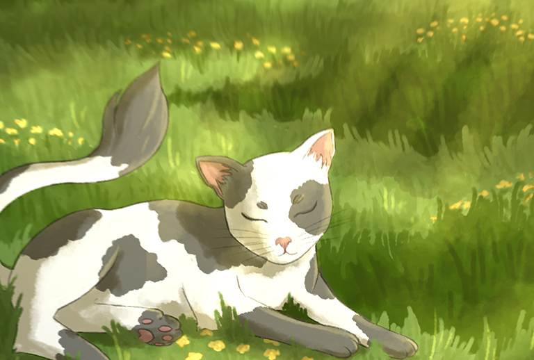 Imagem com uma ilustração de um gato malhado.